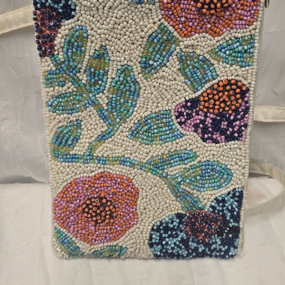 Beaded Floral Crossbody Bag - White Multicolor
